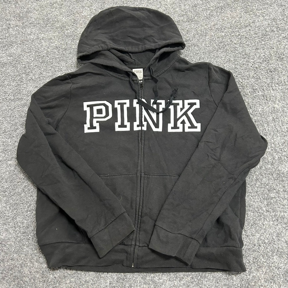 Pink Victoria's Secret Hoodie Womens XL Black Full Zip Graphic Logo Long Sleeve